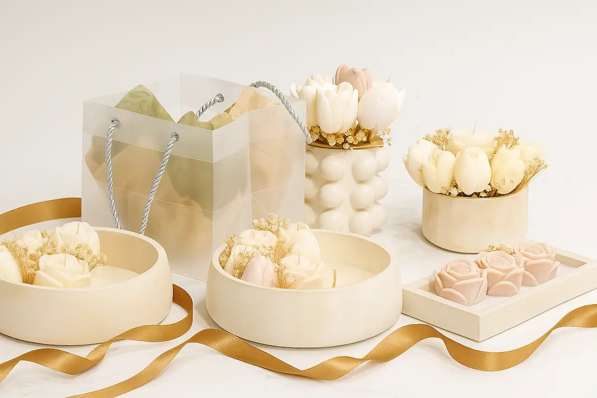 Bloomea collection Candles styled on a table with minimalist décor and gift packaging.Zenglow 