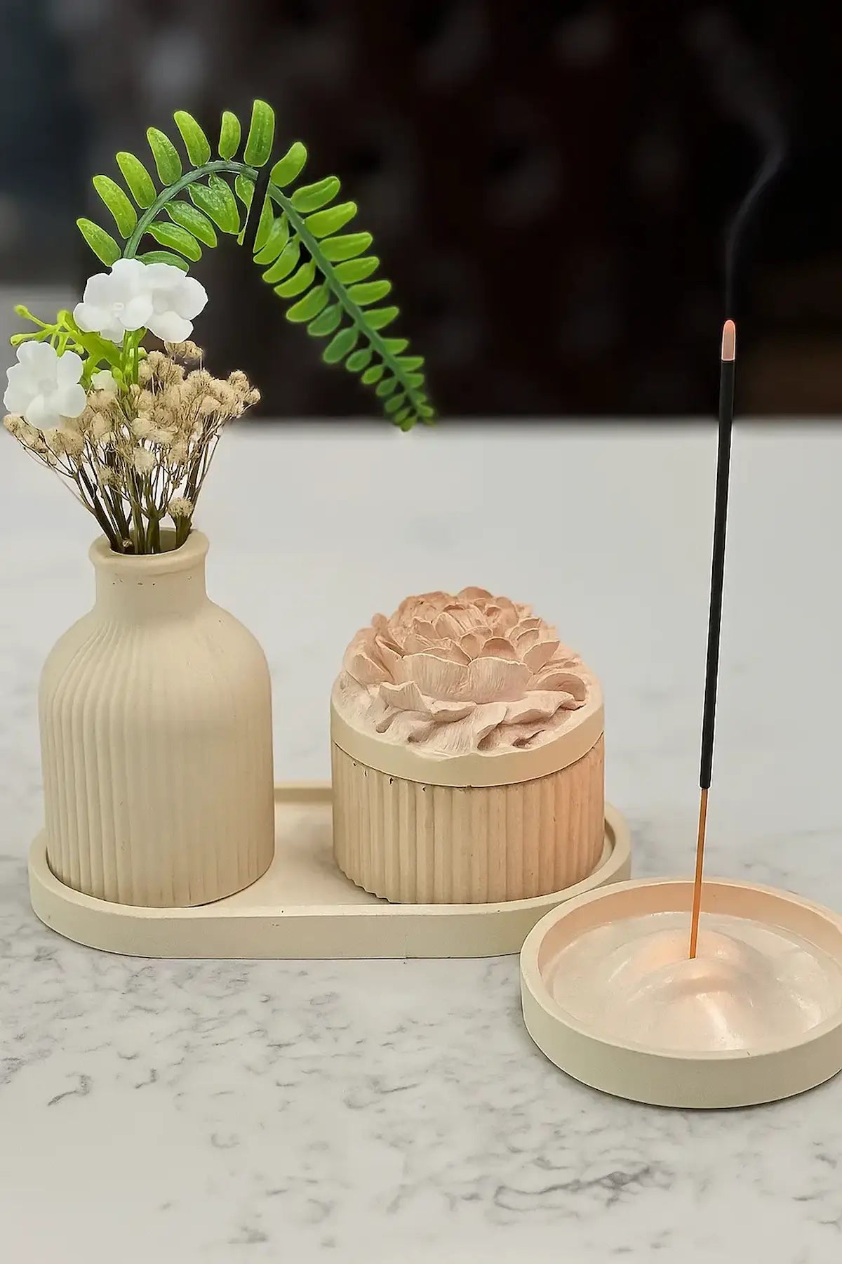 Rosina Candle, Moroccan vase, and ceramic tray styled as an elegant home décor set. Zenglow 