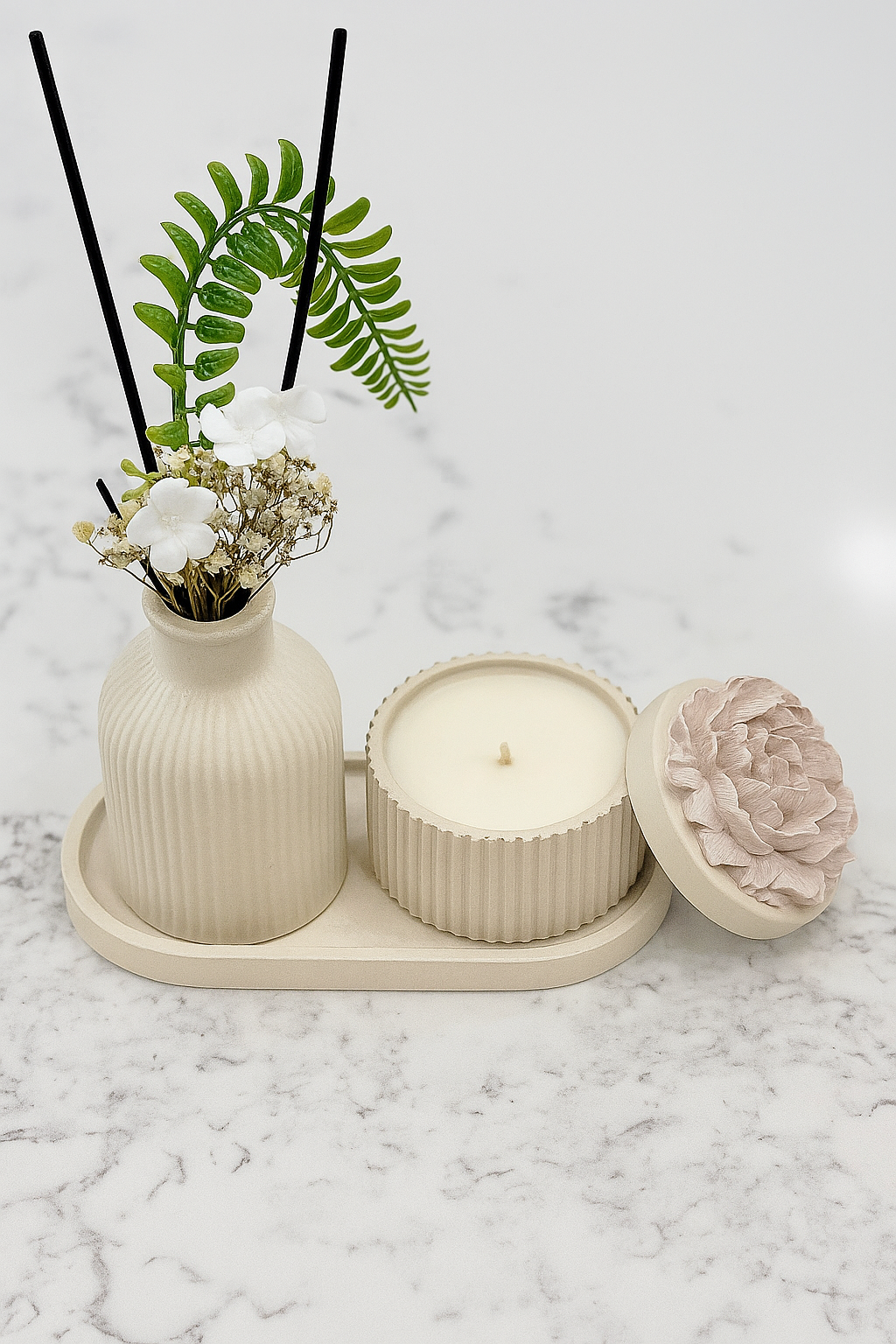 Rosina Set-Bundle with hand-poured floral candle, Moroccan vase, and ceramic tray arranged together.