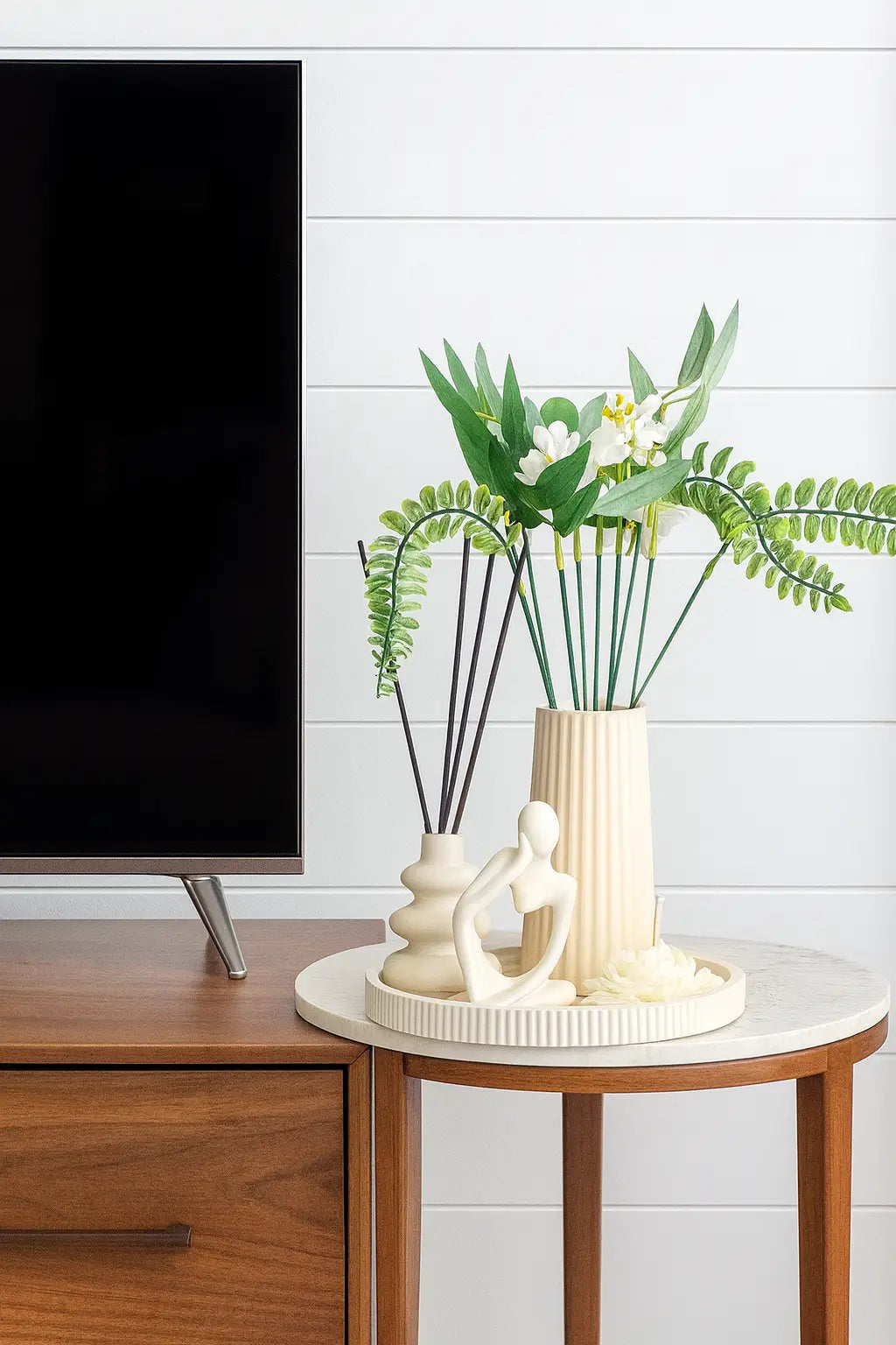 Zenglow Serenity Decor Set Bundle with ribbed tray, tall vase, organic stacked vase, and abstract figure arranged together.