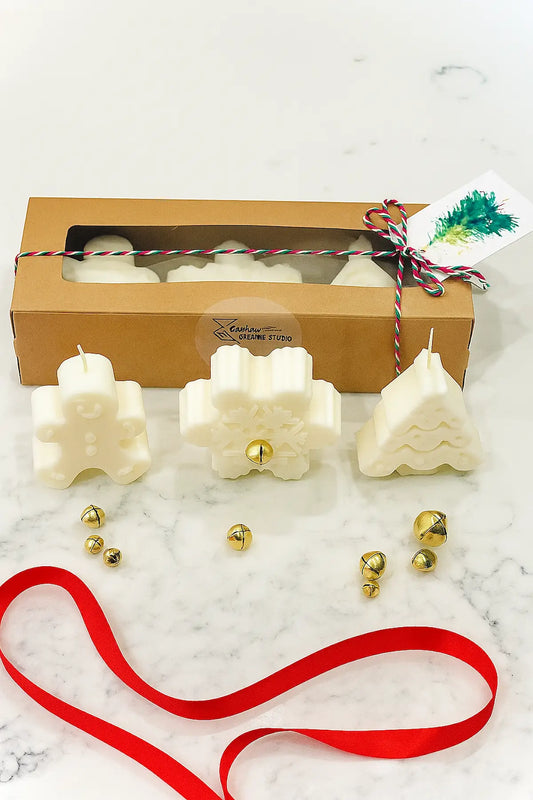 Trio Christmas Candle Set — three hand-poured holiday candles in festive shapes.Zenglow 